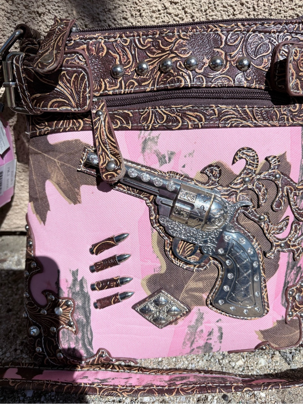 3D Rhinestone Revolver & Bullet Embellished Pink Western Crossbody Bag